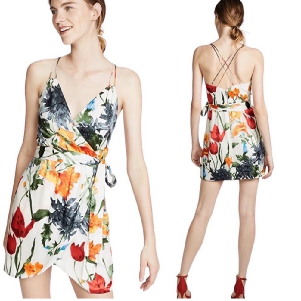 Alice + Olivia Susana White Floral Faux Wrap Mini Dress with Red & Orange Blooms